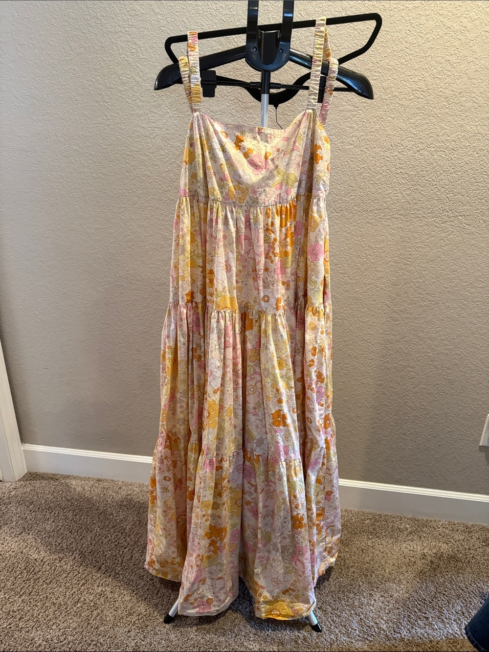 Free People Sunlit Floral Tiered Maxi Dress in Yellow & Pink. Size Medium